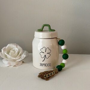 Rae Dunn Shamrocks Jar with Green Handle